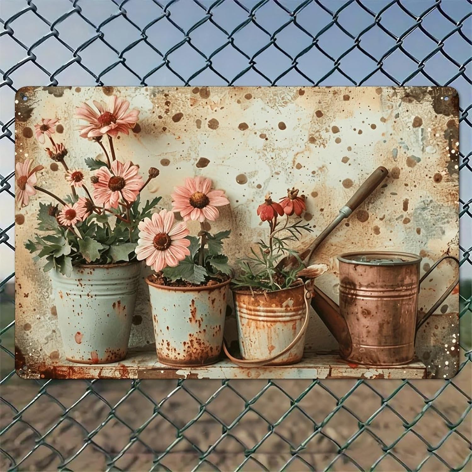 Watering Can - Cubos oxidados con flores rosas y
